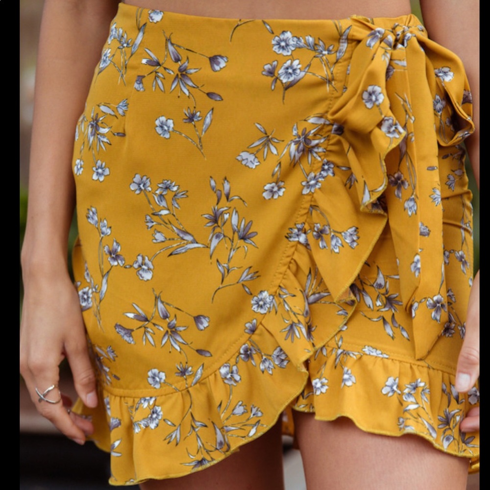 Mustard colored wrap mini skirt
